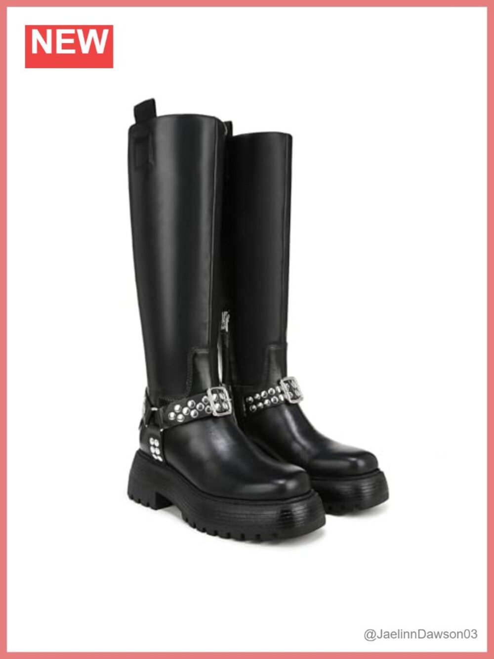 Studded Knee High Moto Boots Leather Chunky Heel Zip